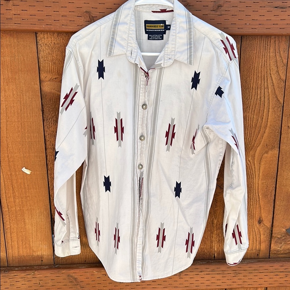 Panhandle SlimWhite and Black Casual Button Down Shirt with Southwestern Pattern